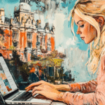 a painting of a Birmingham responsive web designer working on her laptop