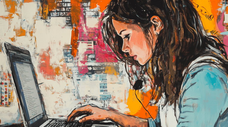 a painting of a woman web designing an e-commerce website